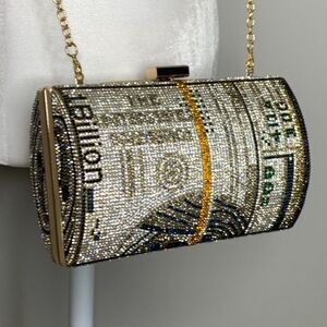 Bling Rhinestone Money Clutch Bag Purse Crystal Evening Handbag Dollar Stack Y2K